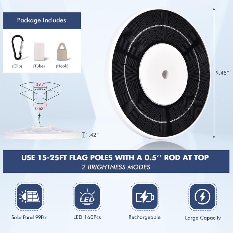PPQ Solar Flagpole LED Light,New 160 LED Ultra Bright Flag Pole Light for 15-25 Ft Poles,Solar Powered Waterproof Lighting on Outdoor Pole Top,10-15 Hour Dusk to Dawn Auto On/Off - Image 5